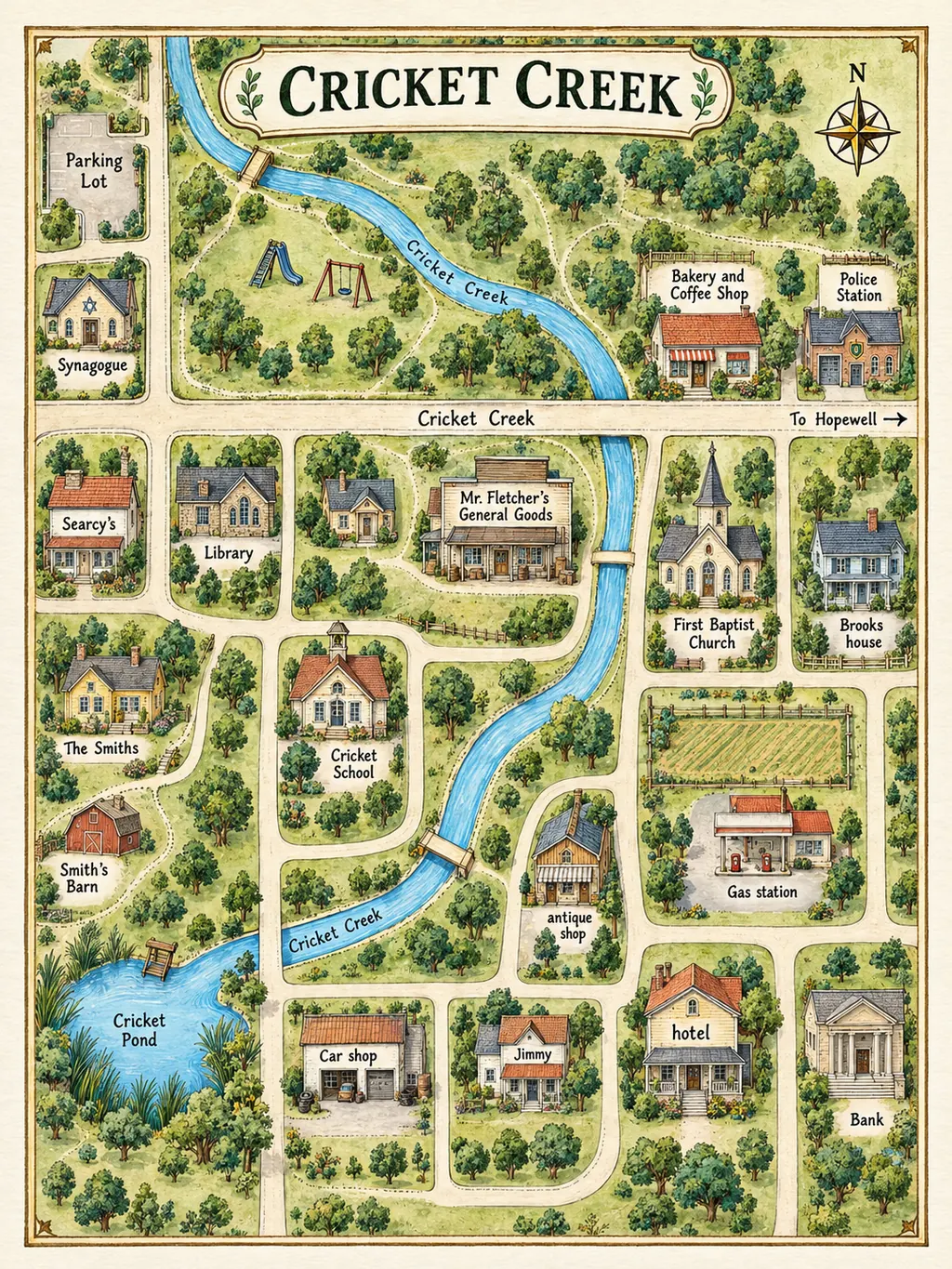A hand-illustrated map of Cricket Creek, north at the top. The creek runs past the northern slide and swing set, crosses the main road east of Mr. Fletcher's General Goods, and bends southwest to Cricket Pond. The Smiths' house and Smith's Barn are northwest of the pond. The church is east of the crossing, and the bakery and police station are northeast. Numbered buttons open pictures of ten places.