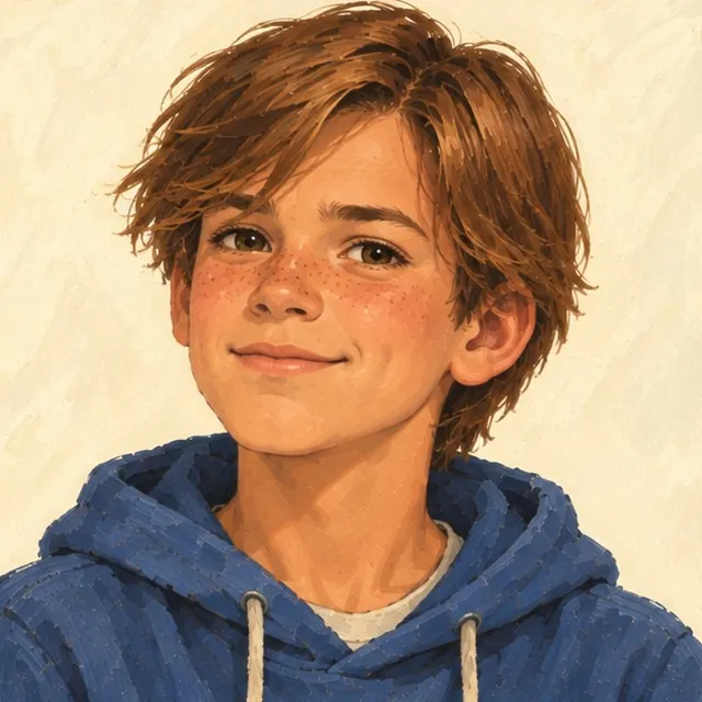 CJ Smith, a painted portrait with a small crooked smile, swept brown hair, and a blue hoodie.