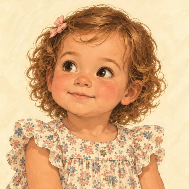 Clara Smith, a painted toddler portrait looking upward with a small smile, short curls, and a pink clip.