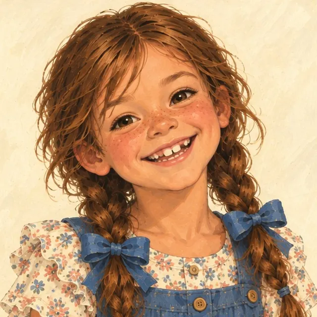 Hannah Smith, a painted portrait with a gap-toothed grin, brown braids, and blue bows.