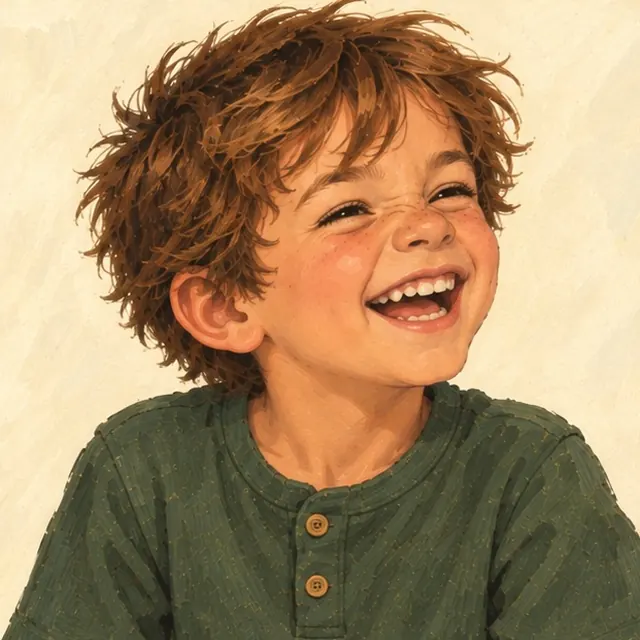 Micah Smith, a painted portrait laughing with crinkled eyes, tousled brown hair, and a green shirt.