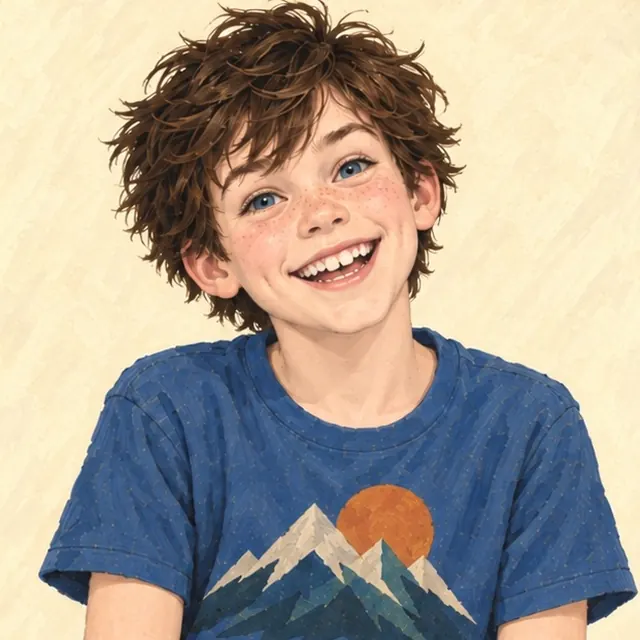 Benny Brown with very fair skin, blue eyes, messy dark-brown hair, a goofy grin, and a blue graphic shirt.