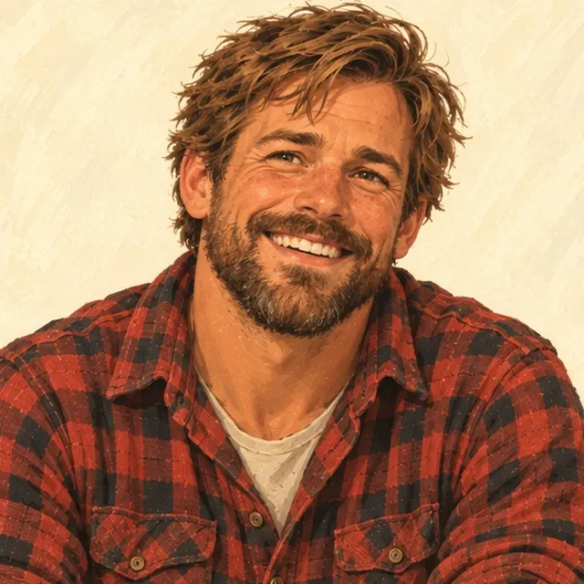 Caleb Smith with tousled light-brown hair, brown eyes, a farm tan, a short rugged beard, and a plaid flannel shirt.