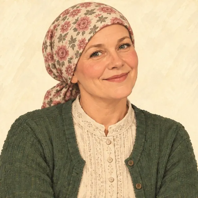 Mrs. Evelyn Simms with gray eyes, a rose-patterned headscarf covering her hair, a cream blouse, and a green cardigan.