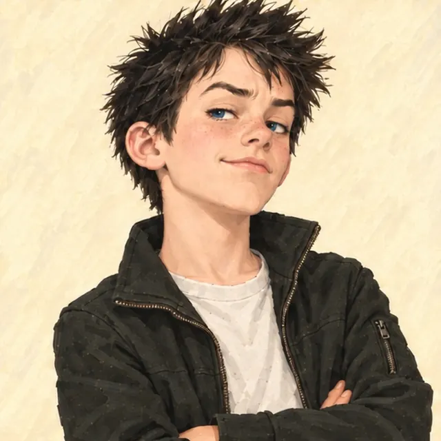 Jimmy Searcy with fair skin, blue eyes, spiky black hair, a raised eyebrow, a smug smirk, and a dark jacket.