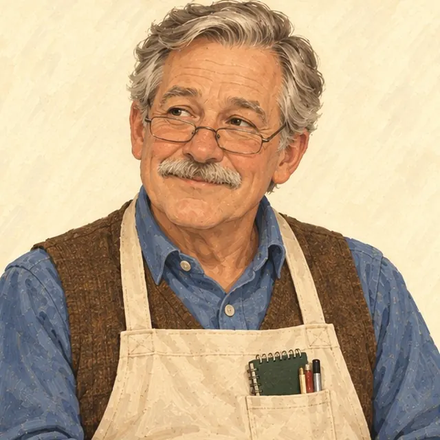 Otis Fletcher with gray hair, a trimmed mustache, reading glasses, brown vest, and cream apron with pens and a notebook.