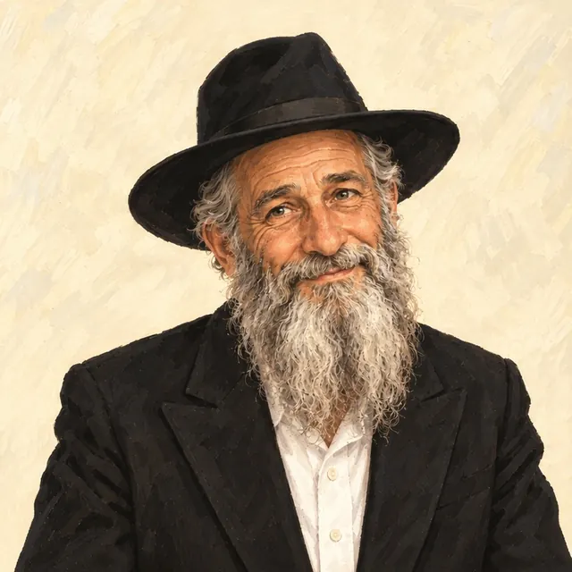 Rabbi David Levin with gray eyes, a long salt-and-pepper beard, a kind knowing smile, a dark suit, and a black hat.