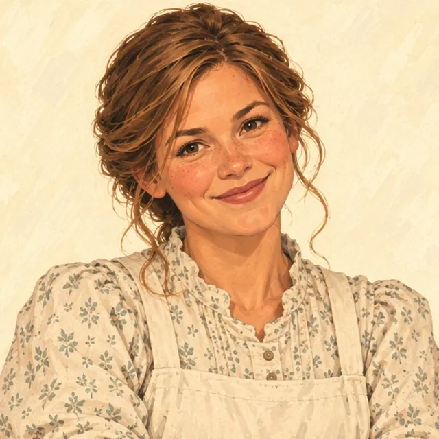 Rebecca Smith with pinned-back light-brown hair, brown eyes, a welcoming smile, a country blouse, and a simple apron.