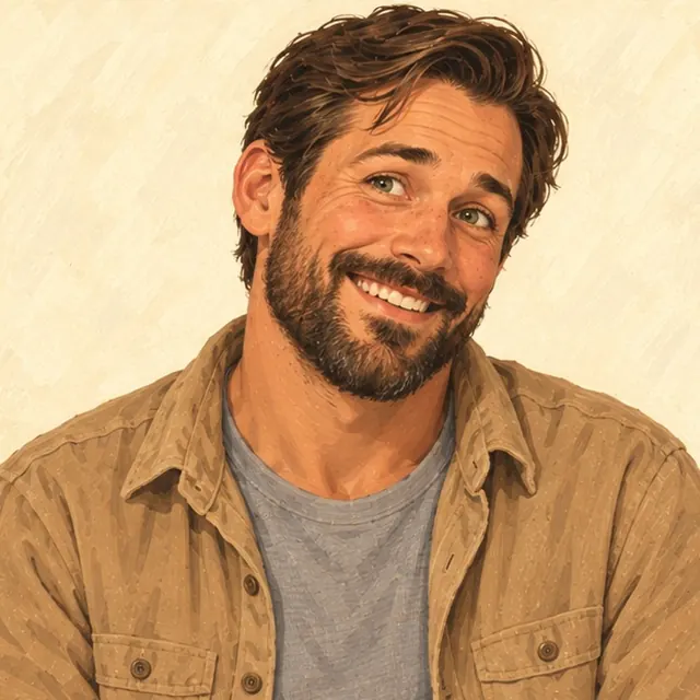 Sam Brown with green eyes, neatly side-combed dark hair, a trimmed full beard, a playful grin, and a tan overshirt.