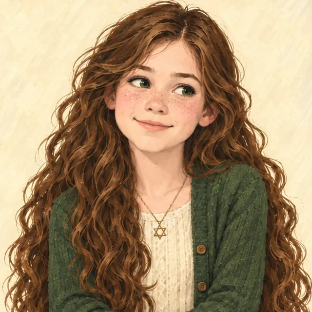 Zippy Fletcher with very long chestnut waves, green eyes, a green cardigan, and a Star of David necklace.
